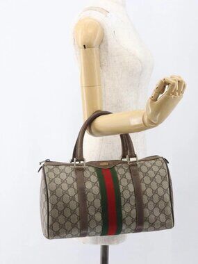 GUCCI GG Supreme Web Sherry Line Boston Bag PVC Beige Gold 39 02 007 Auth ka1316
